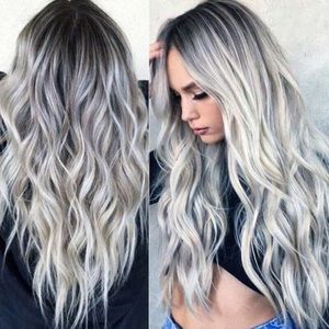 Silver Grey Lace Front Wigs Long Wavy Synthetic Hair